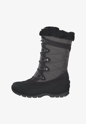 Sorte vandtætte sneboots med en quilted grå overdel, faux fur krave og metaløjer til snørebånd, med en profileret gummisål.