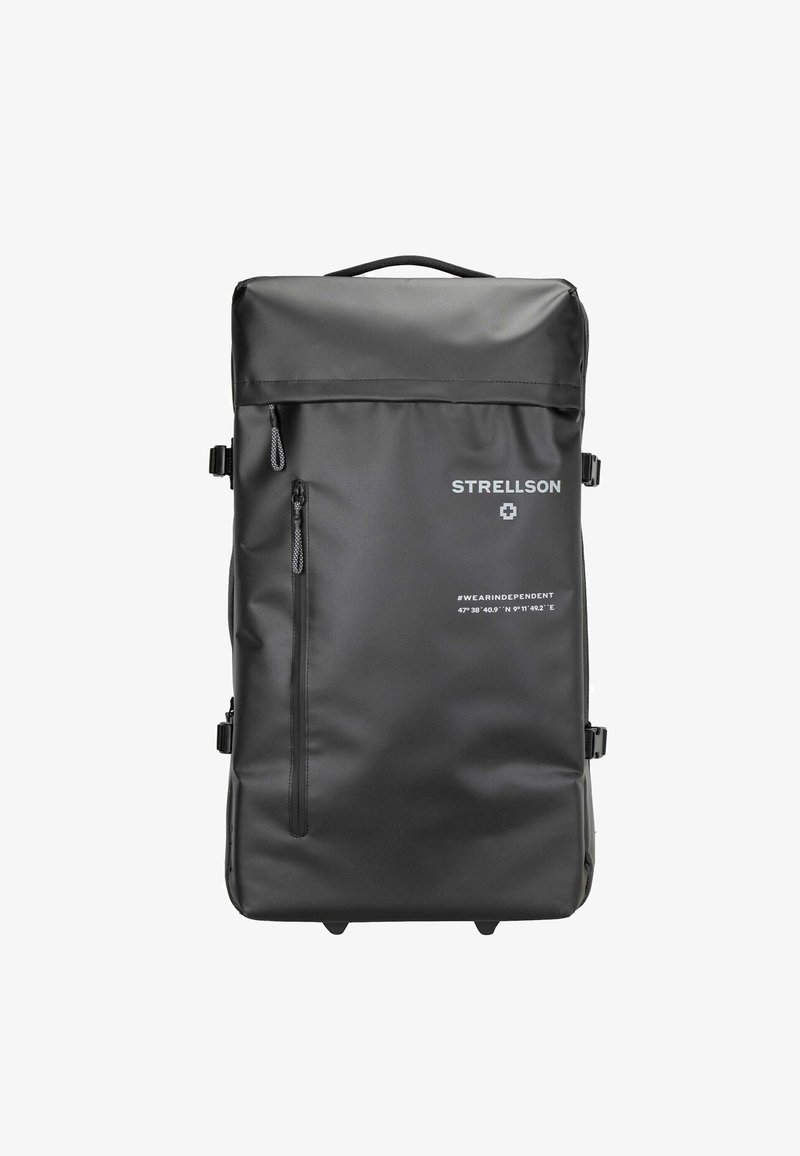 Černý voděodolný batoh s hladkým povrchem, obsahující více kapsiček na zip, boční přezky a horní uchopovač. Výrazné logo na přední straně.