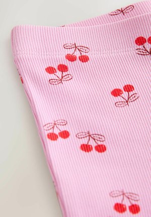Pink ribbed fabric featuring a cherry pattern in red hues, with small cherries and leaf designs throughout, creating a playful texture.
