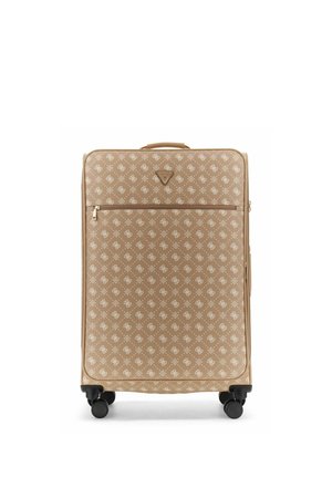 Valise beige à motifs avec poche avant zippée, quatre roulettes noires pivotantes et poignée supérieure, debout sur fond blanc.