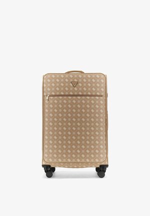 Valise beige à motifs avec poche avant zippée, quatre roulettes noires pivotantes et poignée supérieure, debout sur fond blanc.