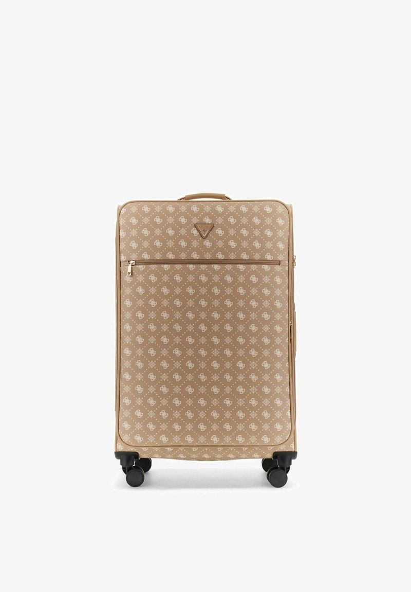 Valise beige à motifs avec poche avant zippée, quatre roulettes noires pivotantes et poignée supérieure, debout sur fond blanc.