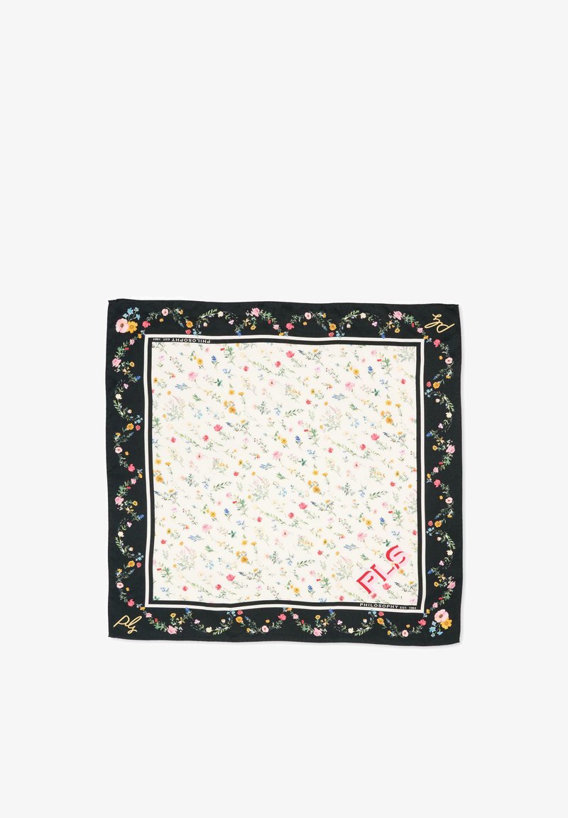 Sjaal met bloemenprint met een witte kern en kleurrijke bloemen, omringd door een zwarte rand versierd met een bloemenpatroon en merknaam.