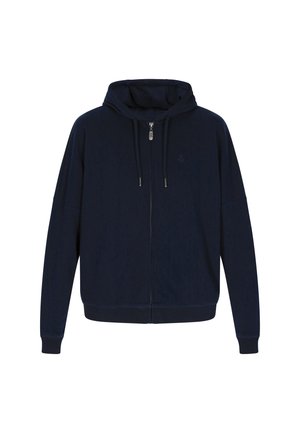 Dunkelblaue Zip-Hoodie aus weichem Stoff. Mit einer Kapuze mit Kordelzug, Taschen vorne und gerippten Bündchen. Dezentes Logo auf der Brust.