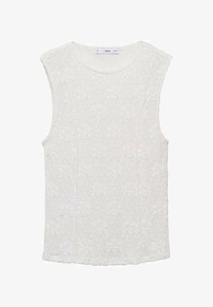 White sleeveless top with floral texture and embossed detailing. Round neckline and straight cut. Soft fabric, smooth and lightweight.