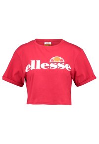 Camiseta recortada roja hecha de algodón suave. Cuenta con un cuello redondo y mangas cortas. Gran logo blanco con un acento naranja.