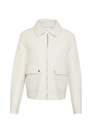 Weiße, Zip-Jacke mit kragenlosem Ausschnitt und zwei Vordertaschen. Hergestellt aus strukturiertem Stoff hat sie eine verkürzte Silhouette.