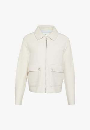 Weiße, Zip-Jacke mit kragenlosem Ausschnitt und zwei Vordertaschen. Hergestellt aus strukturiertem Stoff hat sie eine verkürzte Silhouette.