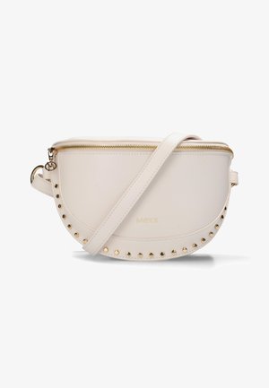 Borsa a tracolla in ecopelle bianca con forma arrotondata, borchie dorate lungo il bordo e chiusura superiore con cerniera. Logo impresso sul davanti.
