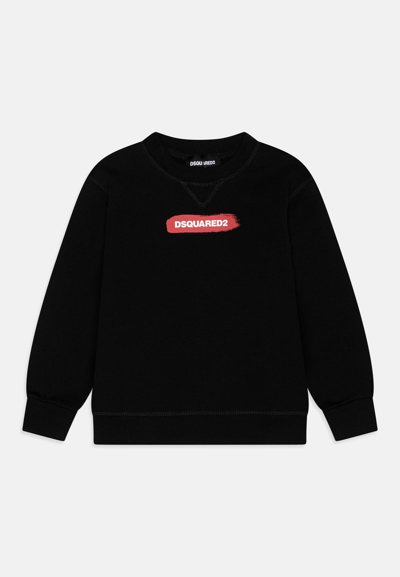 Sort sweatshirt lavet af blødt stof med rund halsudskæring og lange ærmer. Rød logo-tryk på tværs af brystet med kontraststing.