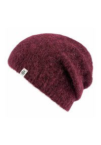 Wine-colored wool beanie with a soft, fuzzy texture and a slouchy design. Features a small logo label on the side for detail.