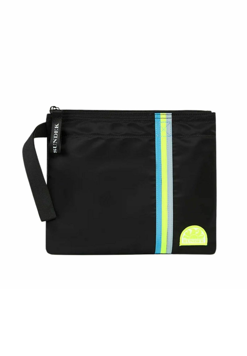 Pouch in nylon nero con cerniera, caratterizzato da una striscia verticale blu, verde e grigia e un logo giallo neon in basso a destra.