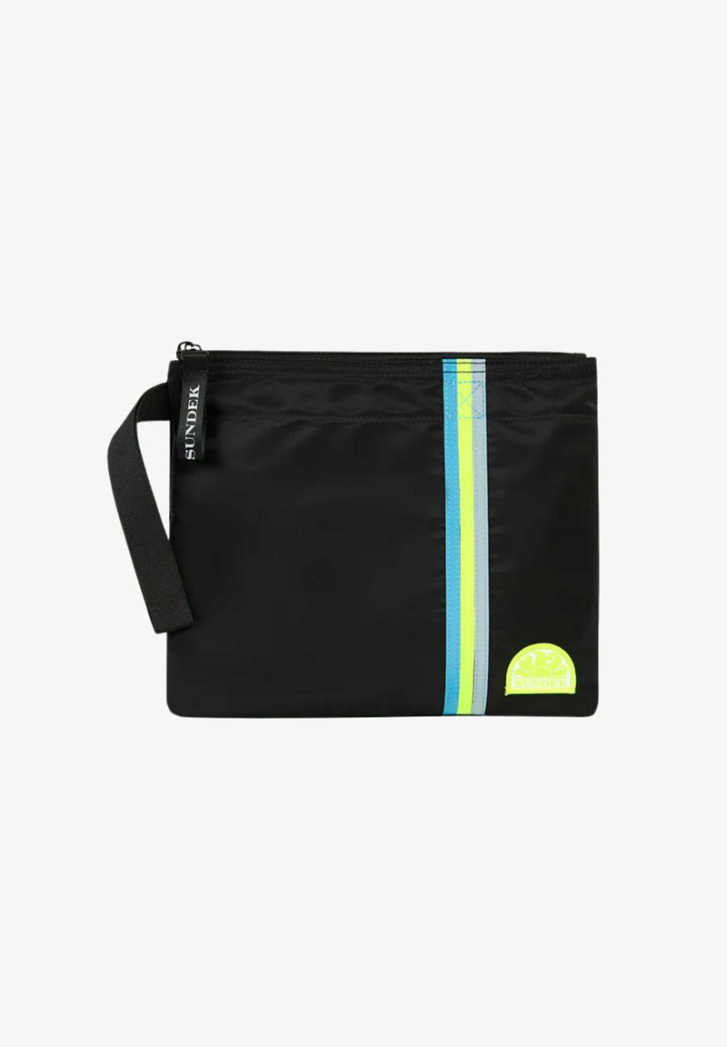 Pouch in nylon nero con cerniera, caratterizzato da una striscia verticale blu, verde e grigia e un logo giallo neon in basso a destra.
