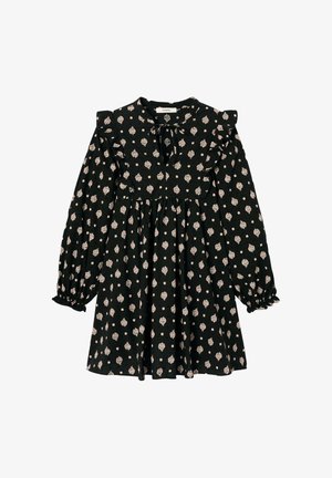 Robe noire à manches longues avec motif floral blanc, épaules et poignets à volants, et un lien au niveau de l'encolure.