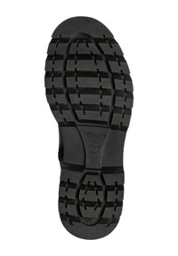 Must musta mustre, millel on tekstureeritud, sooneline muster haardumise tagamiseks, sisaldab ringikujulist embleemi ja suuruse 37 mulje.