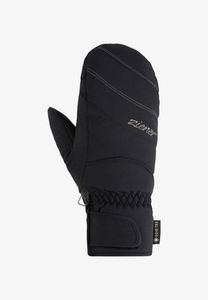 Black insulated mitten made of waterproof material, featuring stitched accents, elastic wrist, and a GORE-TEX label on the side.