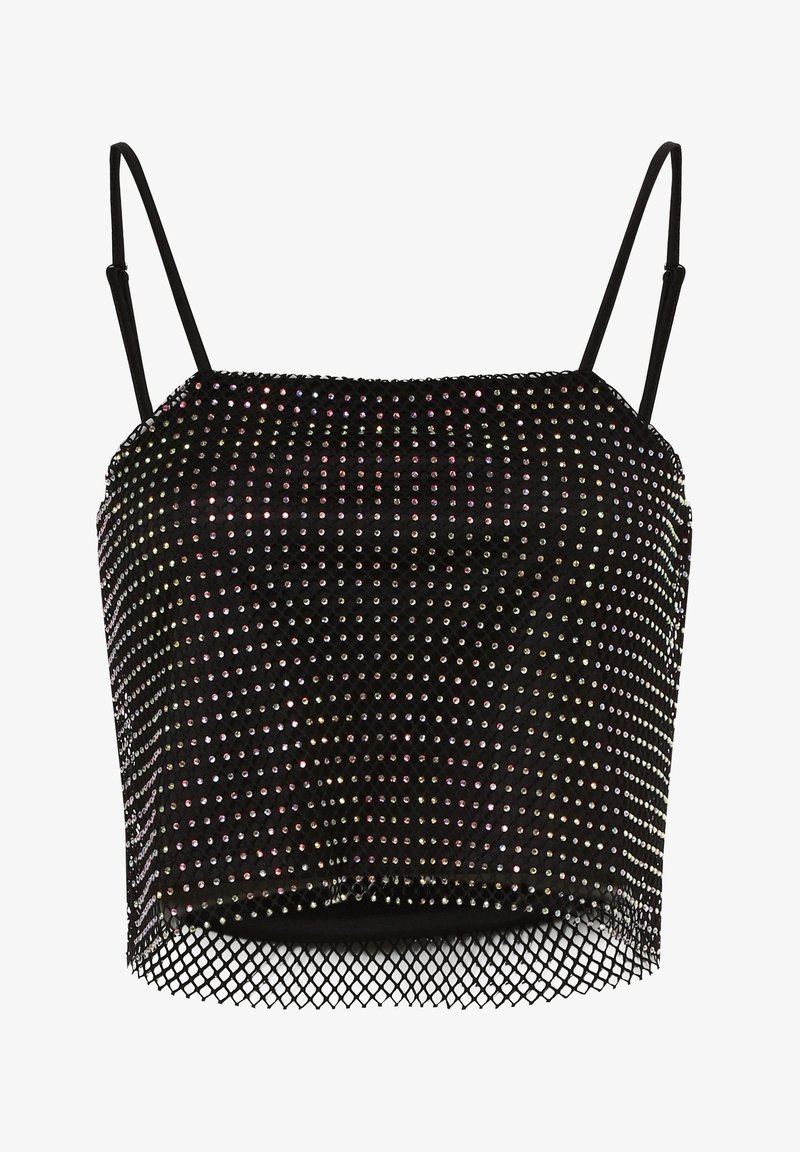Débardeur noir avec un design étincelant en strass. Il a des fines bretelles et un ourlet en maille texturée en bas.