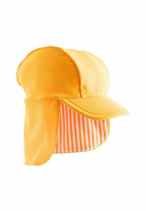 Yellow sun hat with a rounded crown, a curved brim, and a striped interior lining. Material appears lightweight and flexible.