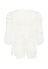 Blusa bianca in pizzo con maniche corte, caratterizzata da un motivo dettagliato di anelli e scallop, texture leggera e design con schiena scoperta.