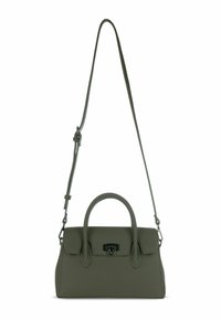 Bolso de cuero verde con diseño estructurado, asa superior, correa de hombro desmontable y herrajes plateados. Cuenta con cierre frontal de solapa.