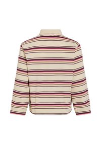 Lange mouw polo shirt in roomkleur met horizontale strepen in bordeauxrood, roze en bruin. Zachte textuur met een kraaghalslijn en een rechte zoom.