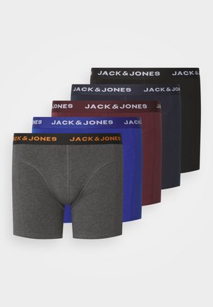 Vijf paar Jack & Jones boxershorts in verschillende kleuren: grijs, blauw, bordeaux, donkergrijs en zwart. Elastische taillebanden met logo-details.