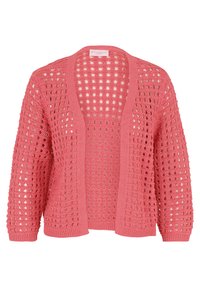 Cardigan en tricot ouvert de couleur rose corail, avec une coupe ample, des manches longues, un décolleté en V et un design texturé et respirant.