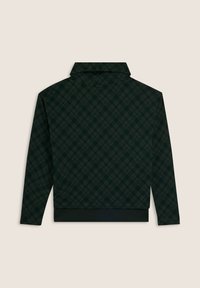 Giacca verde scuro con un motivo geometrico testurizzato, colletto alto, maniche lunghe e orlo elastico. Tessuto morbido con un design aderente.