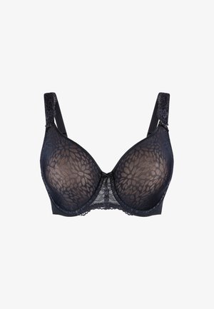 Black lace bra with floral pattern on sheer fabric, underwire support, adjustable straps, and a decorative center bow.
