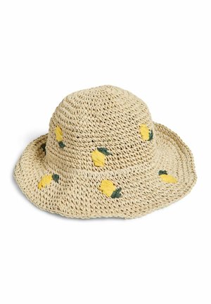 Beige woven straw sun hat with wide brim, decorated with small yellow lemons and green leaves embroidered around the crown and brim.