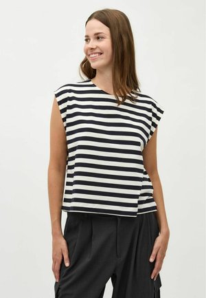 Black and white striped sleeveless top with a round neckline. Relaxed fit, soft fabric, and cropped length. Paired with dark trousers.