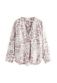 Langarmbluse aus weichem Stoff, mit einem pink- und beigen Leopardenmuster, V-Ausschnitt und abgerundetem Saum in lässiger Passform.
