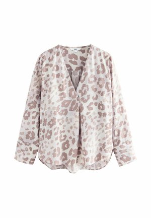 Langarmbluse aus weichem Stoff, mit einem pink- und beigen Leopardenmuster, V-Ausschnitt und abgerundetem Saum in lässiger Passform.