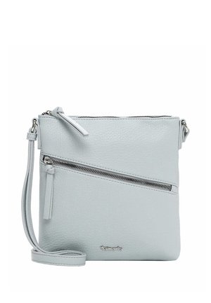 Light gray leather crossbody bag with adjustable strap, front diagonal zip pocket, and top zipper closure.