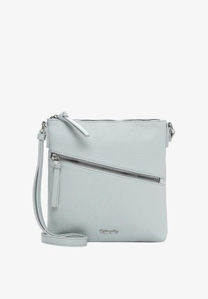 Light gray leather crossbody bag with adjustable strap, front diagonal zip pocket, and top zipper closure.