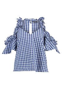 Blå och vit rutmönstrad blus med volangärmar och V-ringning. Har en nyckelhålsöppning bak och strukturerad tyg.