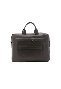 Pochette nera in pelle con una texture liscia, forma rettangolare, manici superiori e una tasca frontale piatta con dettagli di cucitura sottili.