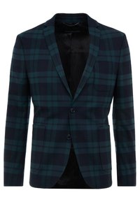 Geruite blazer in marineblauw en teal, met een twee-knopen voorkant, notch revers en een enkele borstzak. Glad binnenvoering.