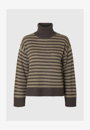 Sweter z golfem w paski w oliwkowym i ciemnobrązowym kolorze, wykonany z mieszanki wełny, z prążkowanym kołnierzem, mankietami i dołem, w luźnym kroju.