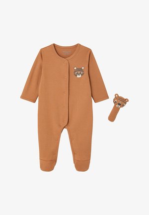Brown infant onesie with snap buttons and tiger face on chest, accompanied by a matching tiger face soft rattle toy.