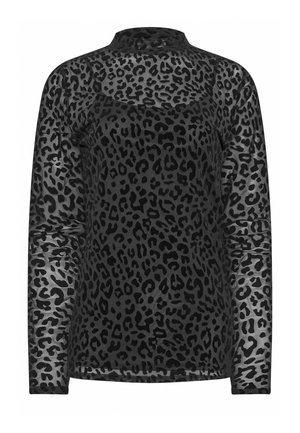 Zwarte lange mouwen top met een doorzichtige overlay met een zwart luipaardprint patroon. Hoge halslijn en aangesloten ontwerp. Zachte textuur.