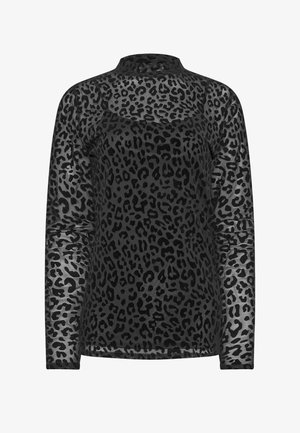Haut à manches longues noir avec un revêtement transparent arborant un motif léopard noir. Encolure haute et design ajusté. Texture douce.