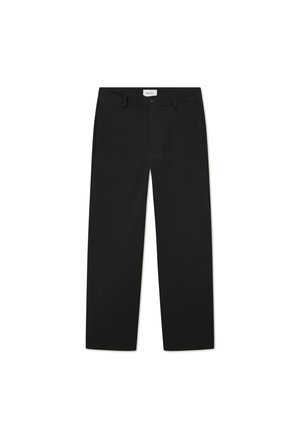 Black, tailored trousers made of smooth fabric. Features a button closure, belt loops, and side pockets. Straight-leg design with no embellishments.