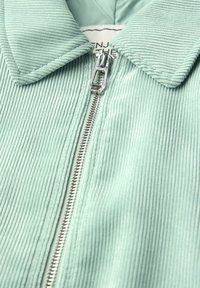 Mintgrünes Kordjackett mit Reißverschluss, spitzem Kragen und strukturierten Rillen, das den weichen Stoff und das strukturierte Design hervorhebt.