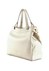Borsa a mano bianca in pelle con superficie testurizzata, doppi manici, apertura superiore e bottone accentato in tono oro. Forma rettangolare con base liscia.