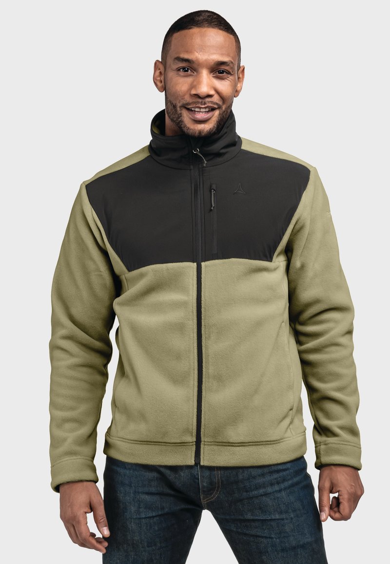 Fleecejacke in Olivgrün und Schwarz, mit hohem Kragen, Reißverschluss und schwarzen Akzentpanelen an den Schultern und der Brust.