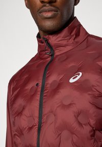 Giubbotto imbottito bordeaux con motivi circolari in rilievo, colletto alto e zip frontale. Presenta una cerniera nera e un logo bianco sul petto.