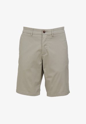 Beige shorts valmistettu kevyestä kankaasta, jossa on tasainen etuosa, nappikiinnitys ja sivutaskut. Viimeistellyt reunat ilman näkyviä kuvioita.