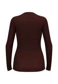 Langarmshirt in donkerbruin, gemaakt van gladde stof. Heeft een ronde halslijn en een getailleerde pasvorm met zichtbare zijnaad en manchetten.