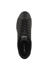 Svart syntetisk joggesko med rund tå, snøring og teksturert overdel. Har Lacoste-merke og en kontrastfarge logo i grønt.